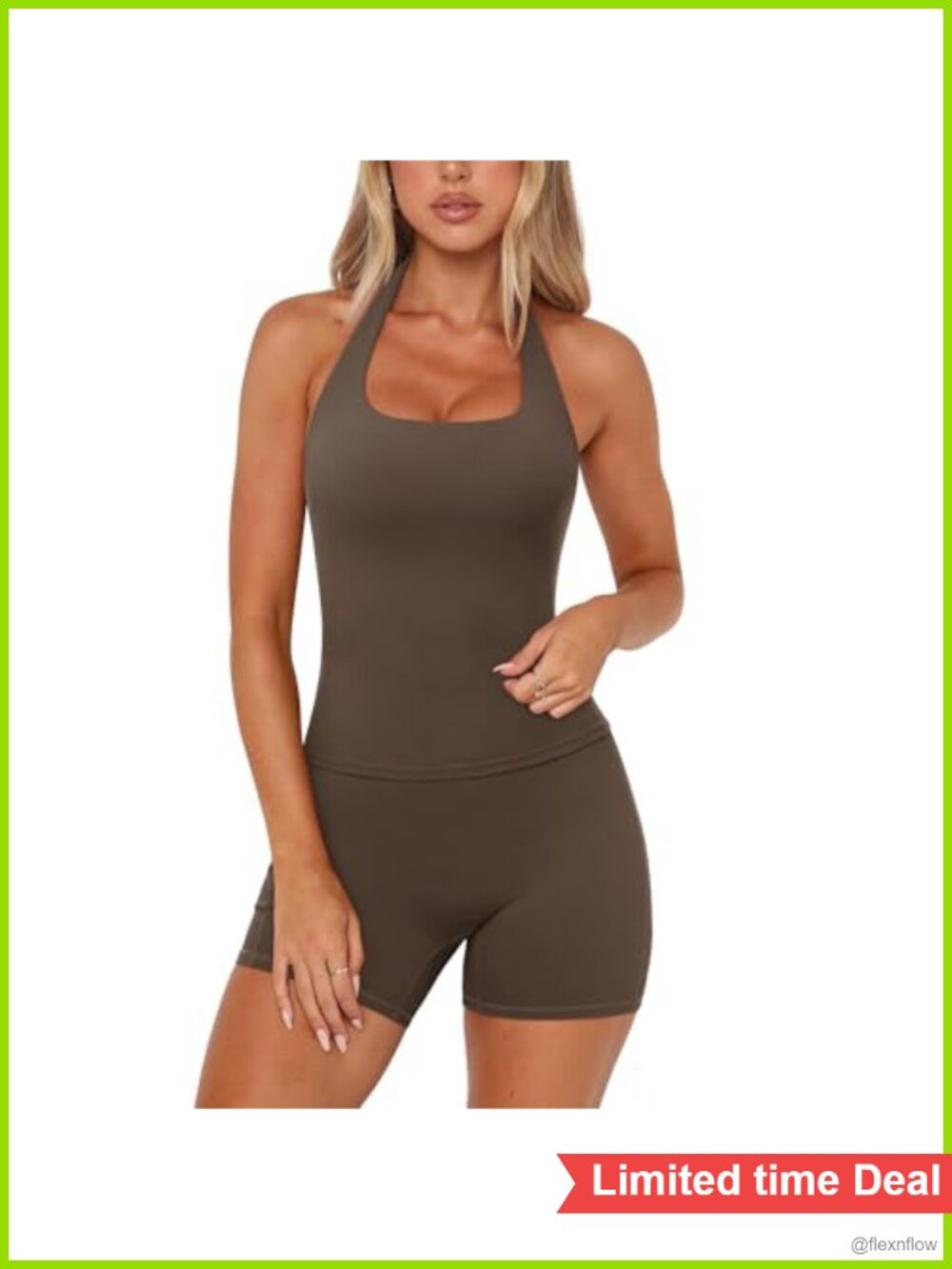 Halter Neck Yoga Tank Top & High Waisted Biker Shorts Set, Nylon Elastane